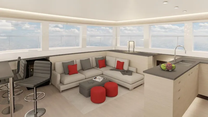 Slide: The Image of Luxurious interior of 2024 Leeuwin 55 yacht with modern seating and ocean view. - 7