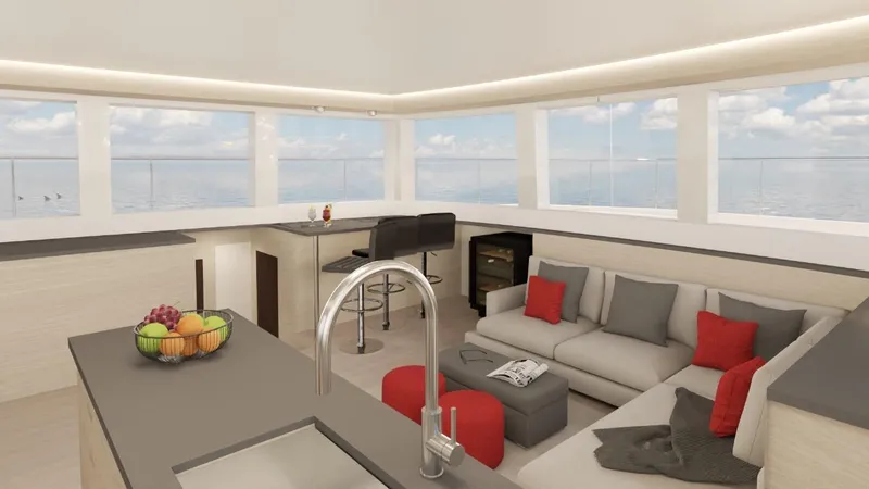 Slide: The Image of Luxurious interior of 2024 Leeuwin 55 yacht with modern kitchen and cozy seating area. - 8