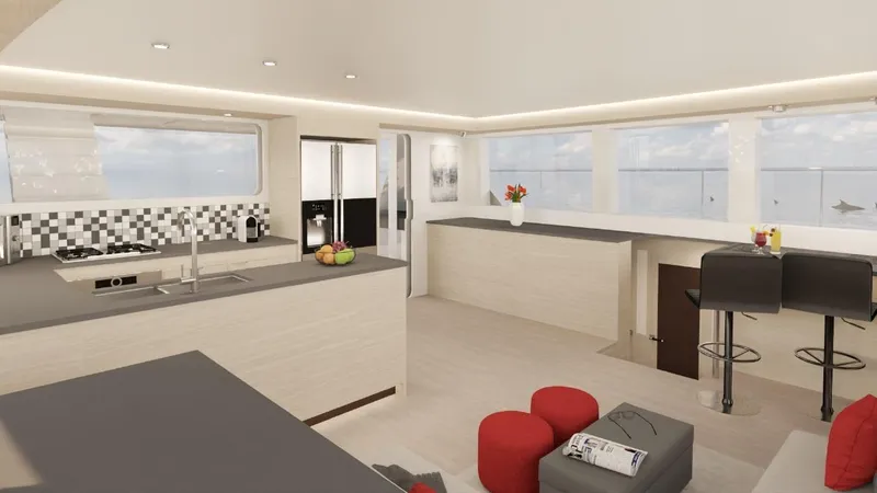 Slide: The Image of Modern interior of 2024 Leeuwin 55 yacht with sleek kitchen and ocean views. - 9