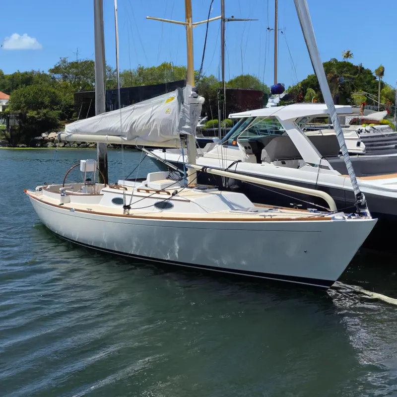 The Image of 2020 Alerion Express 33 sailboat docked in marina, featuring sleek design and white hull. - 0