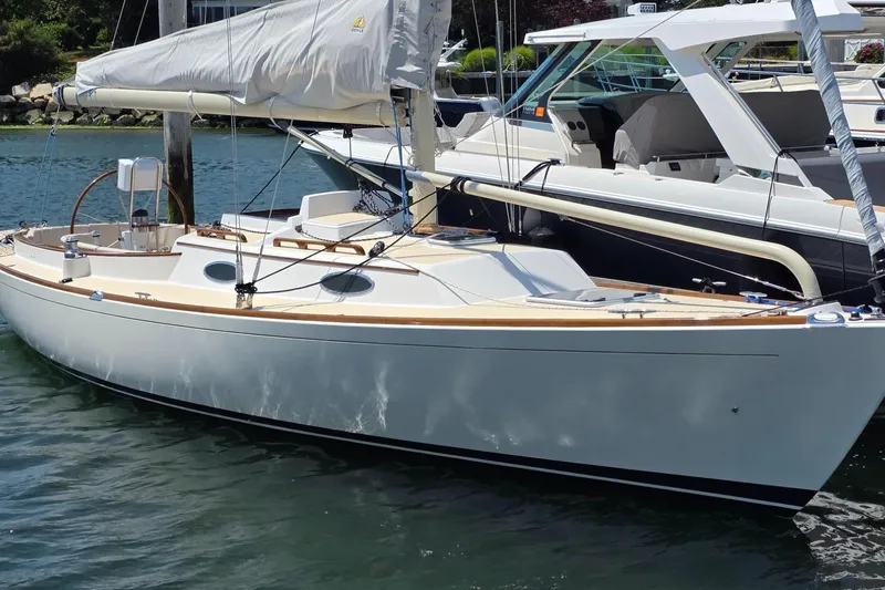 The Image of 2020 Alerion Express 33 sailboat docked in marina, featuring sleek design and white hull. - 1