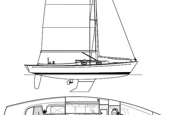 Slide: The Image of Line drawing of 2020 Alerion Express 33 sailboat, side and interior views. - 31