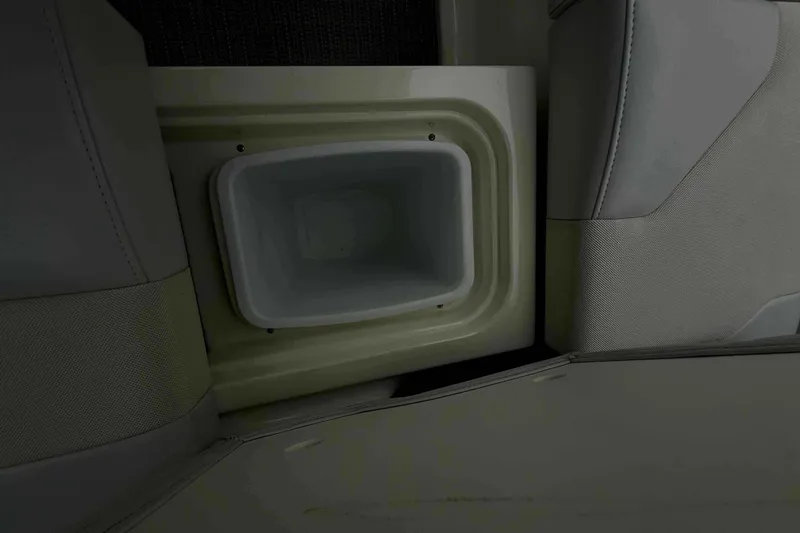 Slide: The Image of Interior view of a 2020 Formula 290 Bowrider boat, featuring a built-in storage compartment. - 38