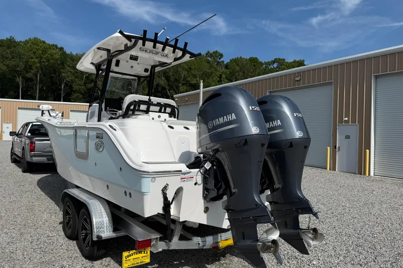 Slide: The Image of 2023 Sea Fox 268 Commander boat with dual Yamaha engines on trailer. - 32
