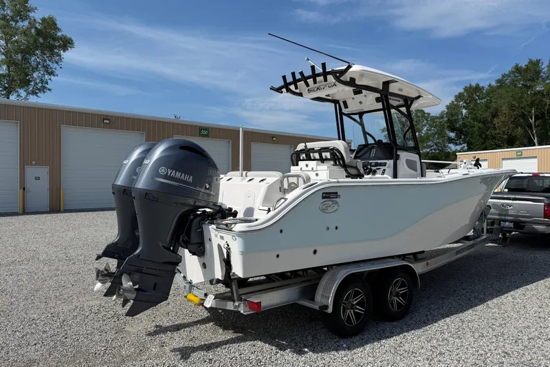 Slide: The Image of 2023 Sea Fox 268 Commander boat on trailer with dual Yamaha engines. - 35