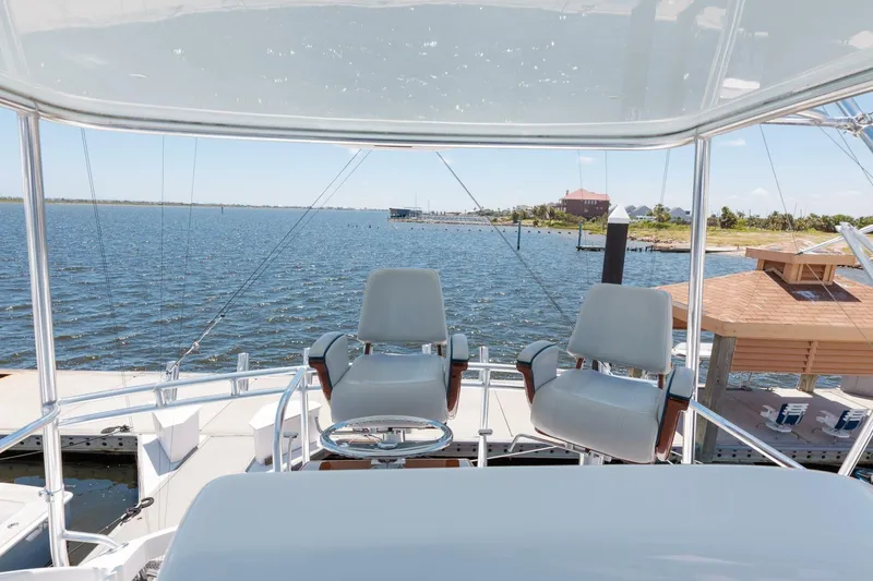 Slide: The Image of Flybridge view from 2018 Hatteras GT45X, overlooking serene waters and distant shoreline. - 24