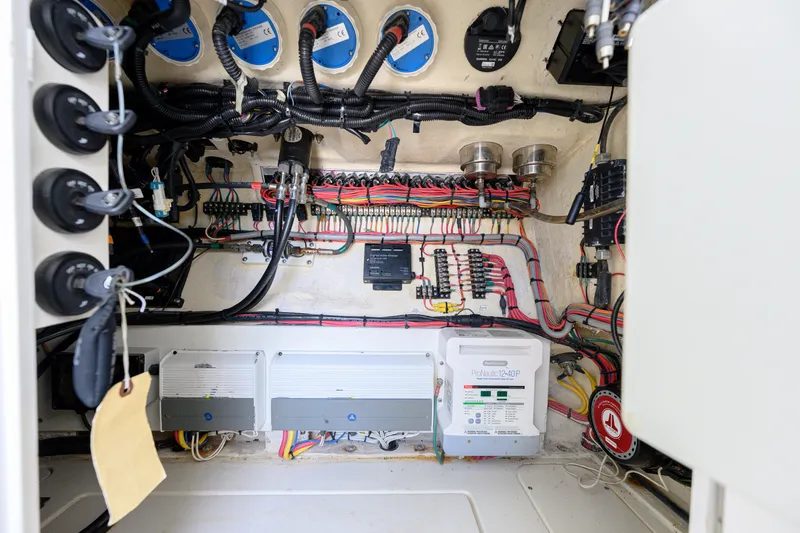 Slide: The Image of Electrical system of a 2017 SeaVee 390 boat, showcasing wiring and components. - 7