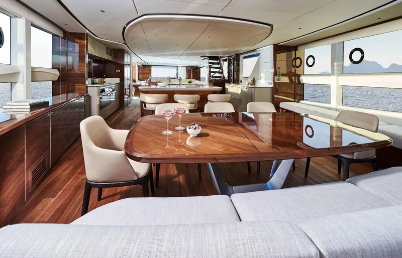 Slide: The Image of Luxurious interior of 2025 Princess X95 yacht with elegant dining area and ocean view. - 18