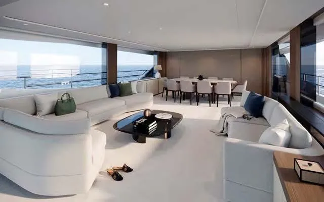 Slide: The Image of Luxurious interior of 2025 Princess Y95 Motor Yacht with elegant seating and ocean views. - 9