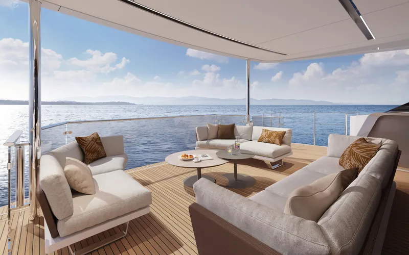 Slide: The Image of Luxurious 2025 Princess X90 yacht deck with elegant seating and ocean view. - 1