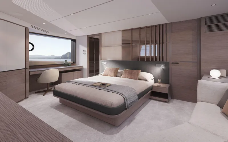 Slide: The Image of Luxurious bedroom interior of 2025 Princess X90 yacht with modern design and scenic window view. - 4