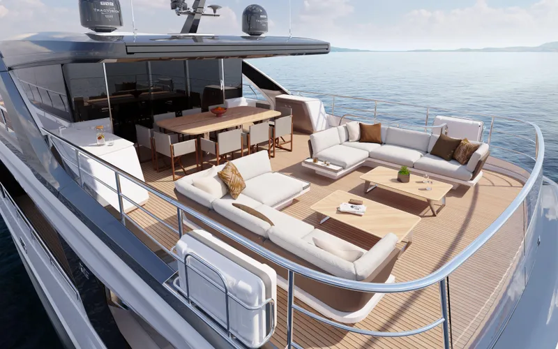 Slide: The Image of Luxurious 2025 Princess X90 yacht with spacious outdoor seating and dining area. - 6