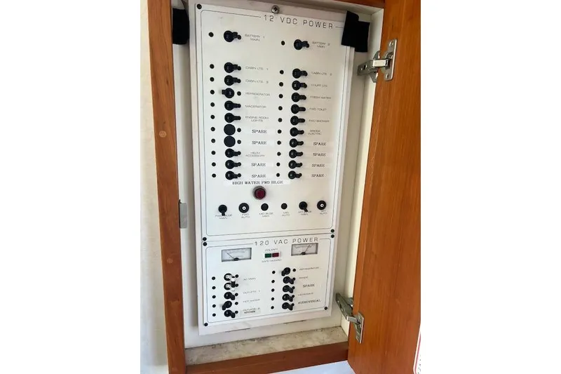 Slide: The Image of Electrical panel of a 1997 Silverton 351 Sedan, featuring 12V and 120V power controls. - 22