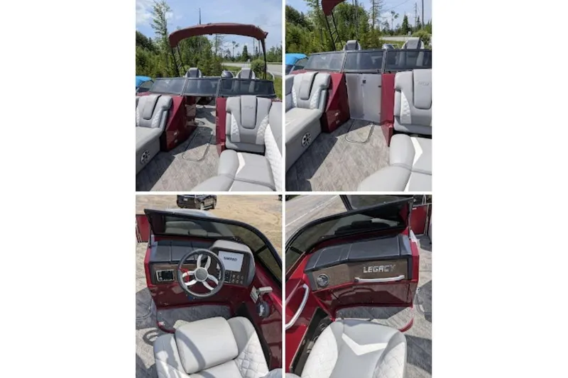 Slide: The Image of 2019 Manitou Legacy 25 RFXW pontoon boat interior with luxurious seating and modern dashboard. - 22