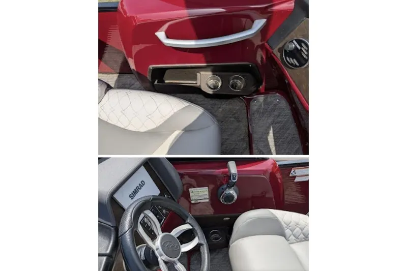 Slide: The Image of 2019 Manitou Legacy 25 RFXW boat interior with steering wheel and controls. - 23