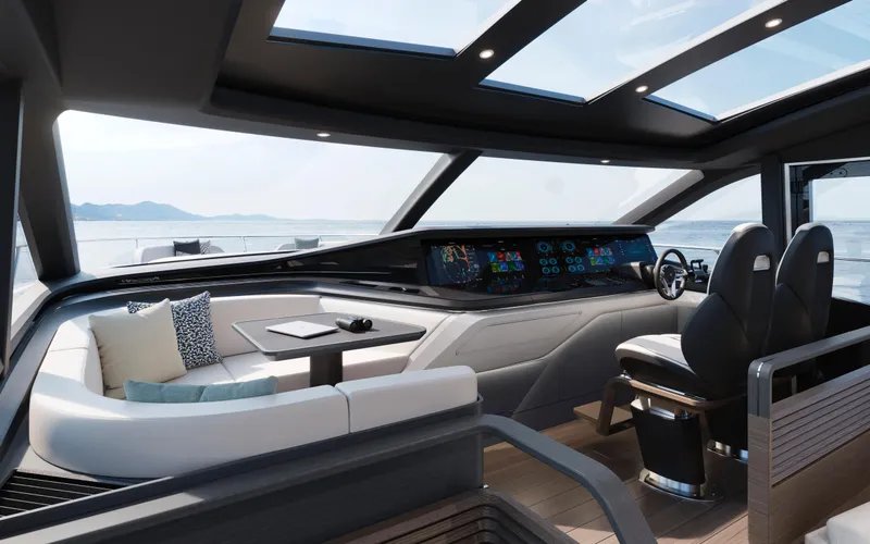Slide: The Image of Luxurious 2025 Princess S80 yacht interior with modern helm and seating area. - 11