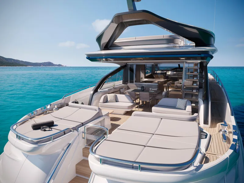 Slide: The Image of Luxurious 2025 Princess S80 yacht with spacious deck and modern design on clear blue waters. - 12