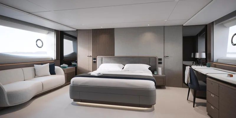 Slide: The Image of Luxurious bedroom interior of 2025 Princess S80 yacht with modern furnishings. - 15