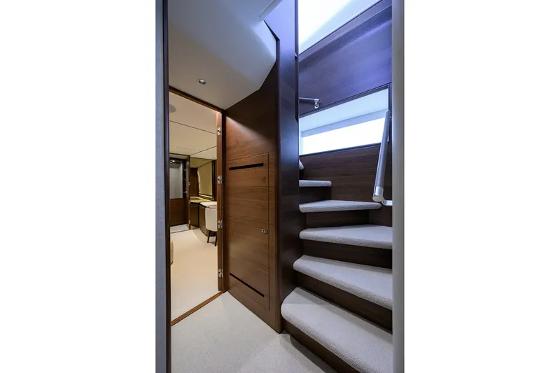 Slide: The Image of Interior of Princess X80 yacht, stairs and cabin, year 2026. - 48