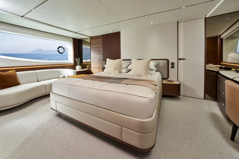 Slide: The Image of Luxurious bedroom interior of 2026 Princess Y80 yacht with ocean view. - 10