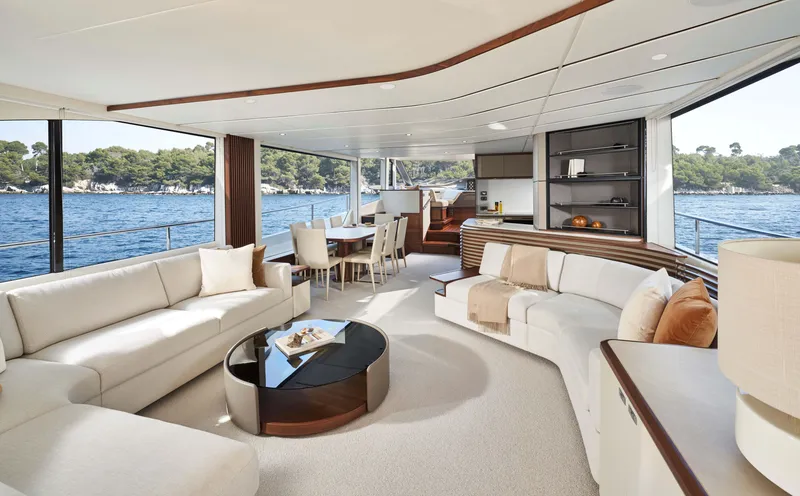 Slide: The Image of Luxurious interior of 2026 Princess Y80 yacht with elegant seating and scenic ocean view. - 12