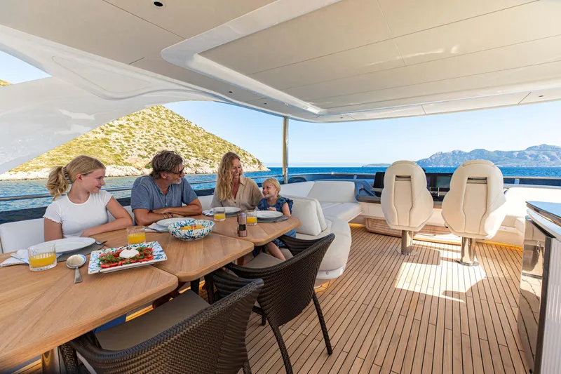 Slide: The Image of Family enjoying a meal on the deck of a 2026 Princess Y80 yacht. - 5