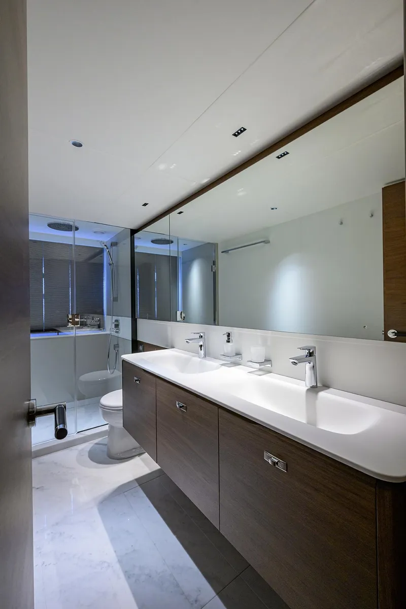 Slide: The Image of Modern bathroom in 2026 Princess S72 yacht with dual sinks and glass shower. - 30
