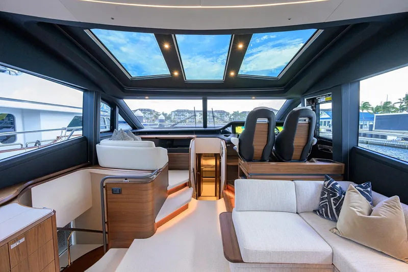 Slide: The Image of Luxurious interior of 2026 Princess S72 yacht with panoramic windows and modern seating. - 31