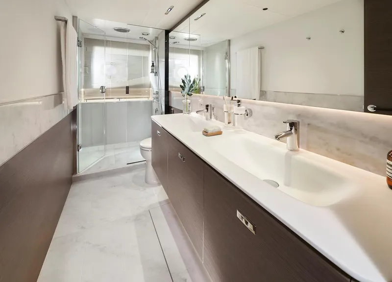 Slide: The Image of Luxurious bathroom in 2025 Princess Y72 Motor Yacht with modern fixtures and spacious design. - 30