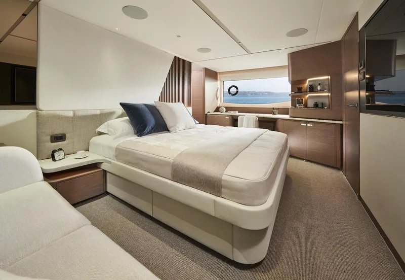 Slide: The Image of Luxurious bedroom interior of 2025 Princess Y72 Motor Yacht with ocean view. - 35