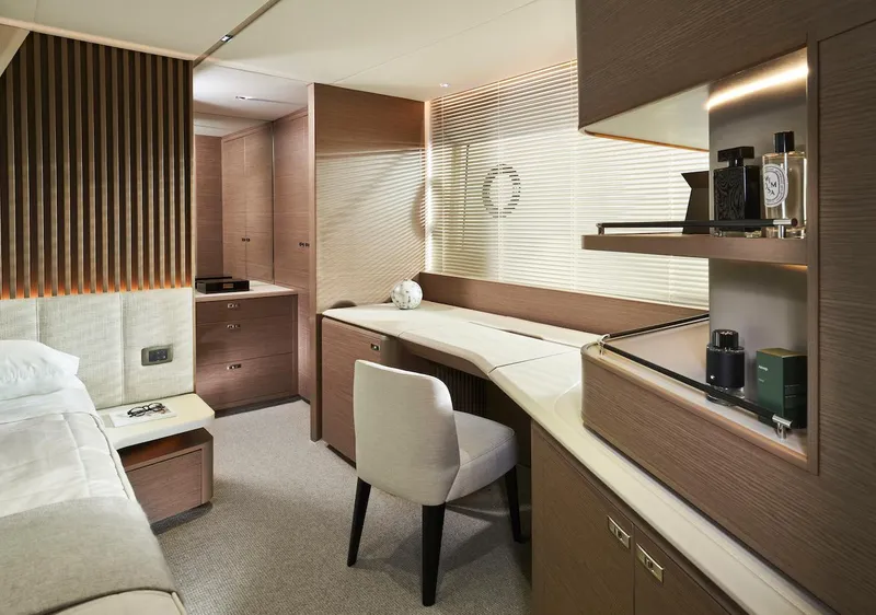 Slide: The Image of Luxurious interior of 2025 Princess Y72 Motor Yacht cabin with modern furnishings. - 36