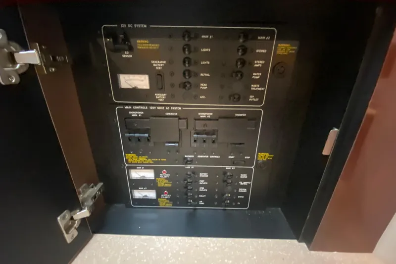 Slide: The Image of Electrical control panel inside a 2004 Formula 370ss boat, featuring various switches and gauges. - 26