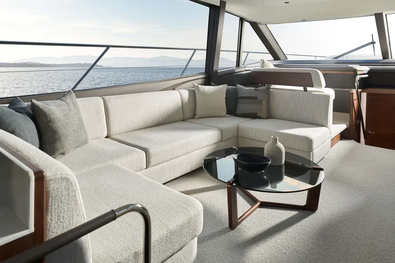 Slide: The Image of Luxurious interior of 2025 Princess F65 yacht with elegant seating and ocean view. - 10
