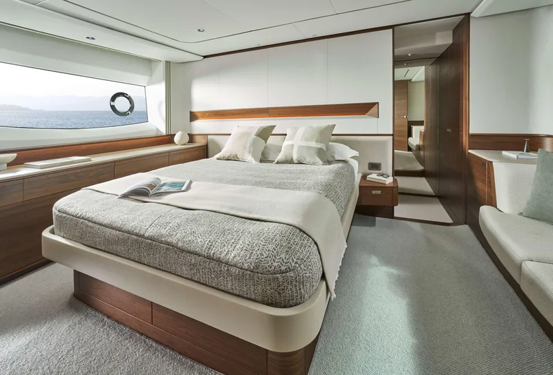 Slide: The Image of Luxurious bedroom interior of 2025 Princess F65 yacht with modern design and ocean view. - 7