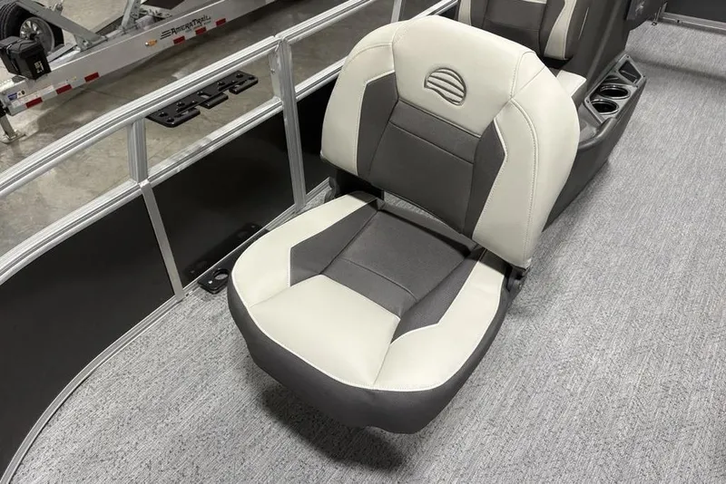 Slide: The Image of 2026 Sun Tracker Bass Buggy 16 XL Select boat seat, gray and white upholstery. - 8