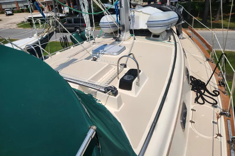 Slide: The Image of Island Packet 380 sailboat deck, 2000 model, with rigging and equipment visible. - 15