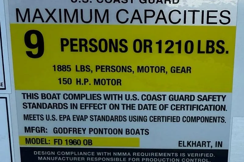 Slide: The Image of 2026 Hurricane FD1960RE3-OB boat capacity label: 9 persons, 1210 lbs, 150 HP motor. - 10