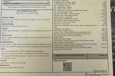 Slide: The Image of 2026 Hurricane FD1960RE3-OB boat features and pricing details sheet. - 12