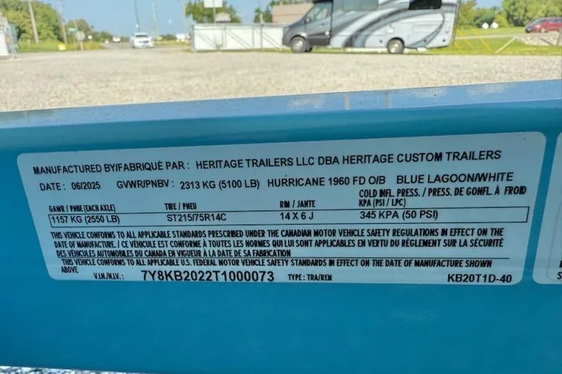 Slide: The Image of Sticker on a 2026 Hurricane FD1960RE3-OB trailer detailing specifications and compliance information. - 15