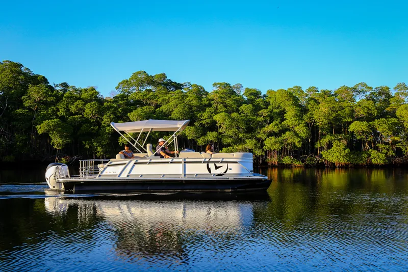 Slide: The Image of 2025 Vision Marine Technologies V24 boat cruising on a serene lake with lush green trees. - 5