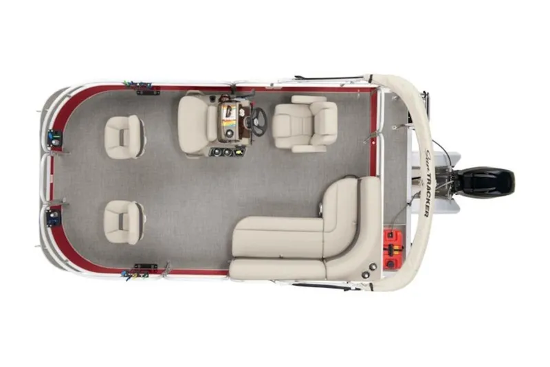 Slide: The Image of 2024 Sun Tracker Bass Buggy® 16 XL Select pontoon boat, top view, beige seating, red trim. - 2