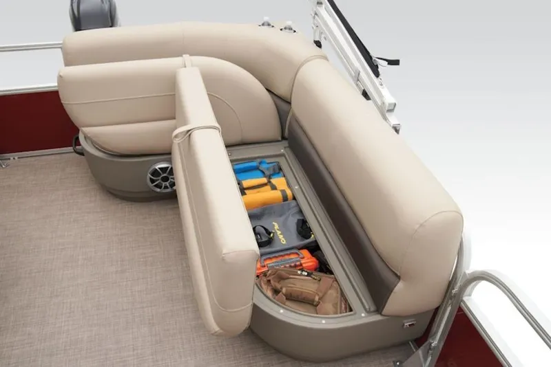 Slide: The Image of 2024 Sun Tracker Bass Buggy® 16 XL Select boat with open storage compartment under beige seating. - 6