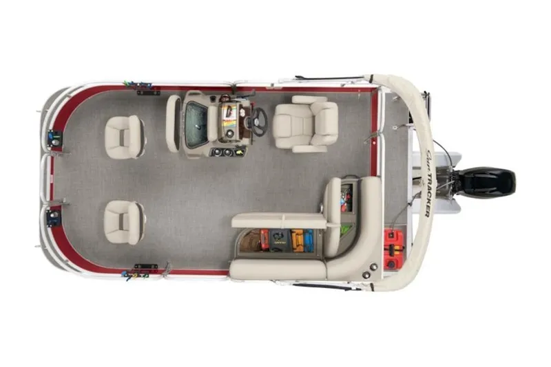 Slide: The Image of 2024 Sun Tracker Bass Buggy® 16 XL Select pontoon boat, top view, spacious seating. - 8