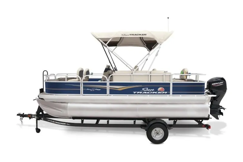 The Image of 2025 Sun Tracker BASS BUGGY® 18 DLX pontoon boat with canopy and Mercury outboard motor. - 2