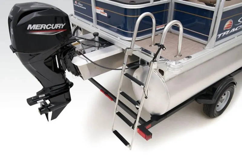 Slide: The Image of 2025 Sun Tracker BASS BUGGY® 18 DLX pontoon boat with Mercury outboard motor and ladder. - 7