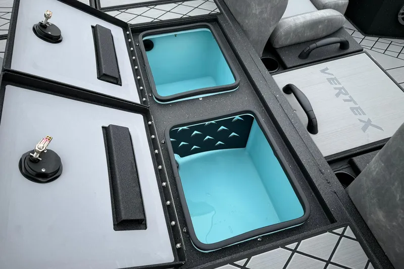Slide: The Image of Interior of 2026 Avid 18 Vertex boat with storage compartments and seating. - 10