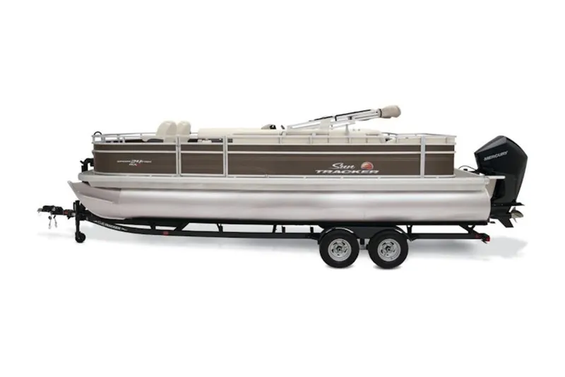The Image of 2025 Sun Tracker Sportfish™ 24 XP3 pontoon boat on trailer, side view. - 1