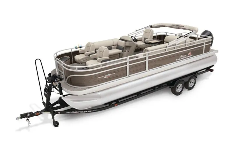 Slide: The Image of 2025 Sun Tracker Sportfish™ 24 XP3 pontoon boat on trailer, beige and white design. - 3
