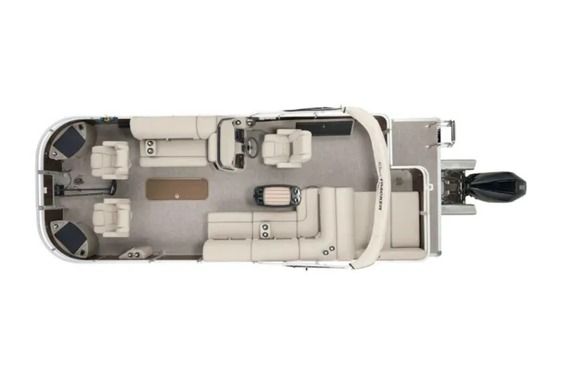 Slide: The Image of 2025 Sun Tracker Sportfish™ 24 XP3 pontoon boat, top view, spacious seating layout. - 4