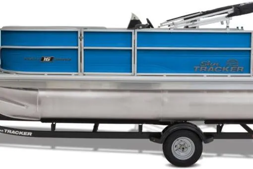 The Image of 2026 Sun Tracker Party Barge 16 DLX pontoon boat on trailer, side view. - 2
